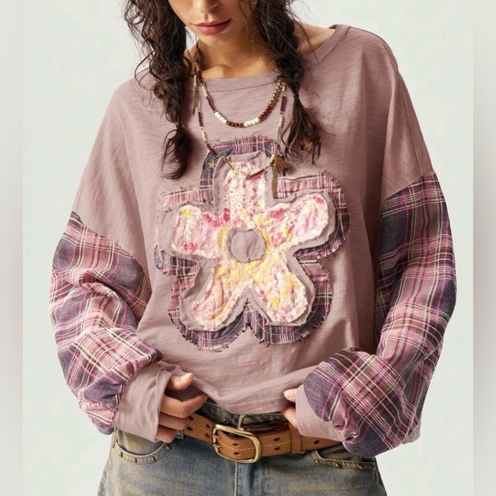 Plaid Patchwork Flower Top NWT - image 7